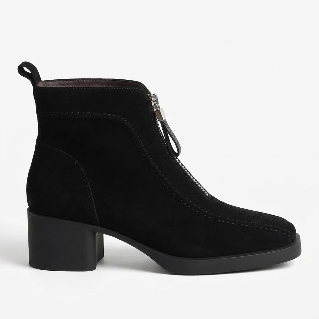 Modern Women's Natural Suede Leather Ankle Boots – Square Toe, Front Zip, 5cm Block Heel