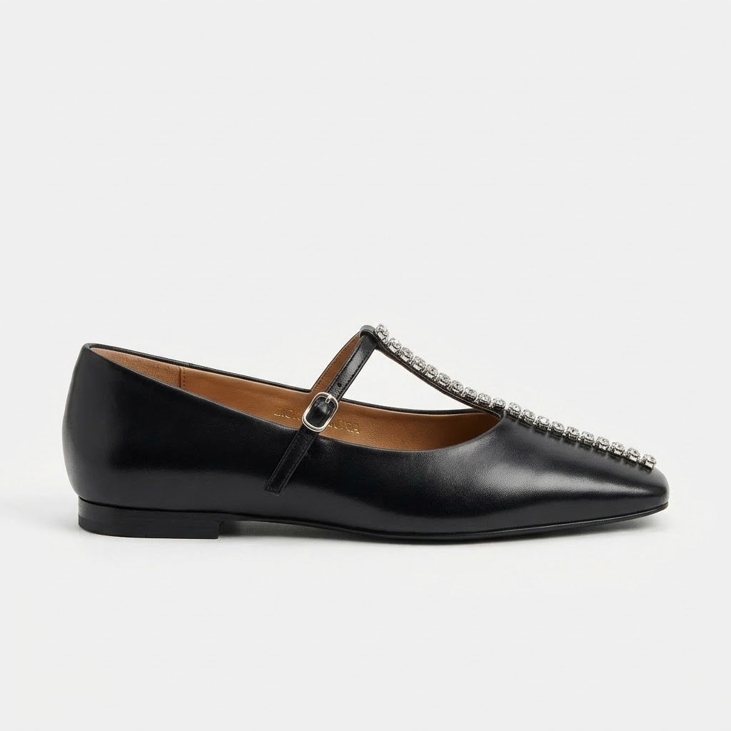 Luxury Women's Genuine Cow Leather T-Strap Flats with Crystal Embellishments