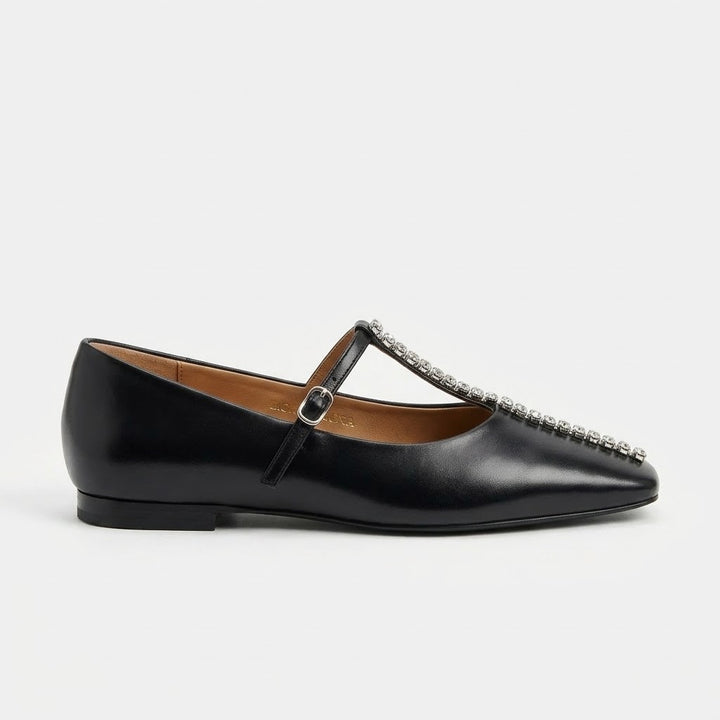 Luxury Women's Genuine Cow Leather T-Strap Flats with Crystal Embellishments