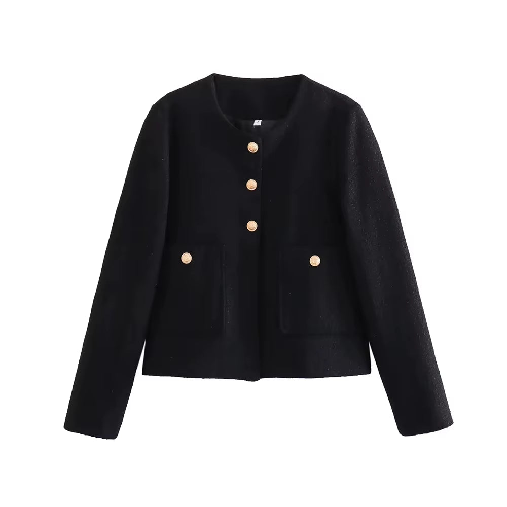 Women Fashion with Pockets Tweed Jack Coat Vintage Long Sleeve Front Button Female Outerwear Chic Tops