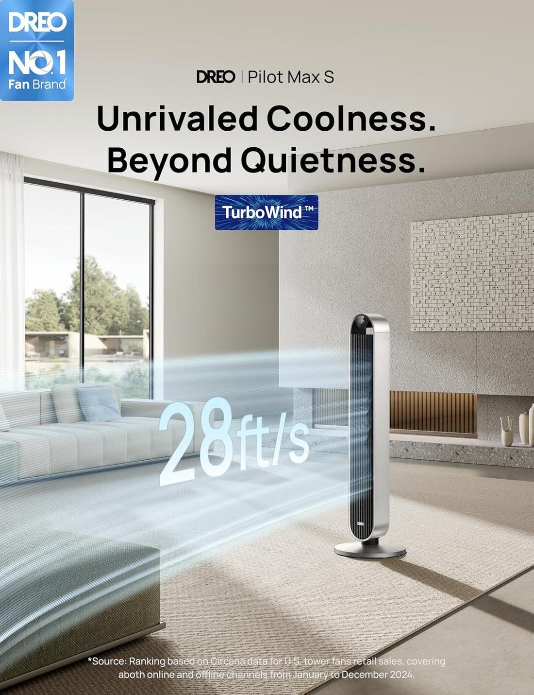 Tower Fan for Bedroom, 42 Inch 120° Oscillating Fan, 25Db Quiet DC Motor, 28Ft/S Velocity Bladeless Standing Fan with 12 Speeds, 4 Modes, 12H Timer Cooling Fans for Home, Living Room, Pilot Max S