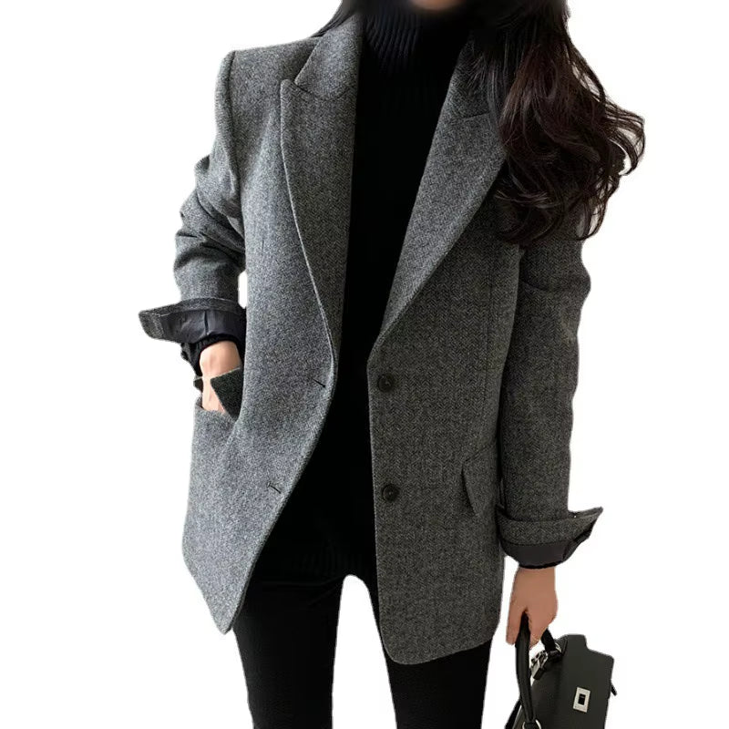 2024 Autumn New Wool Coats Retro Casual Short Shoulder Pad Woolen Commuting British Style Solid