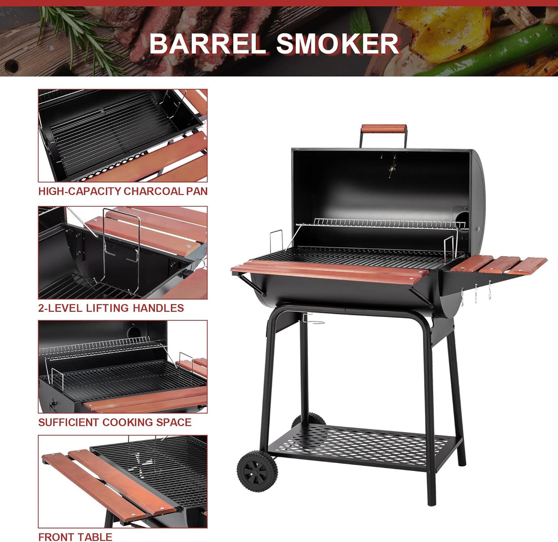 CC1830V 30 Barrel Charcoal Grill with Wood-Painted Side Front Table, 627 Square Inches Cooking Space, for Outdoor Backyard, Patio and Parties, Black