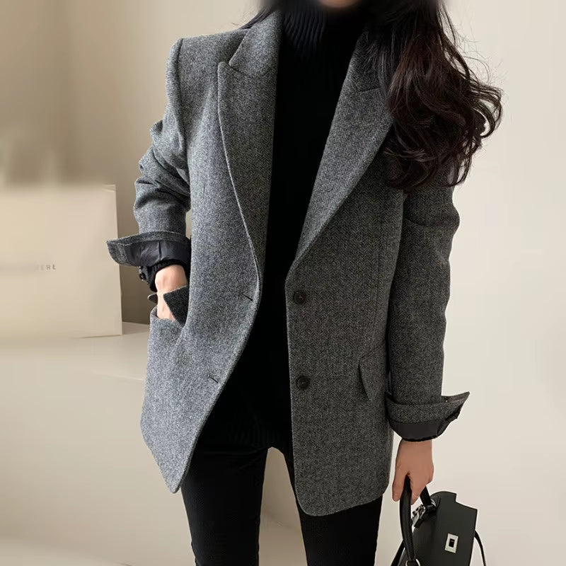 2024 Autumn New Wool Coats Retro Casual Short Shoulder Pad Woolen Commuting British Style Solid