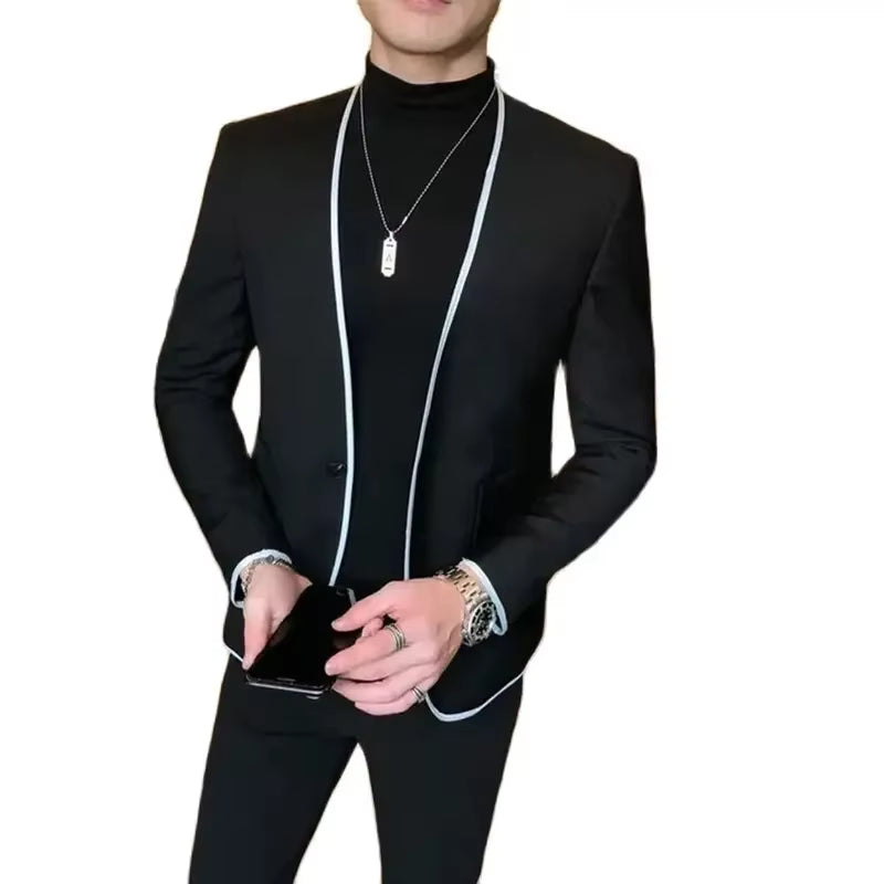 Fusion Elegant Black Gentlemen Men'S Suits Slim Fit Casual Prom Party 2 Piece Jacket Pants Full Set