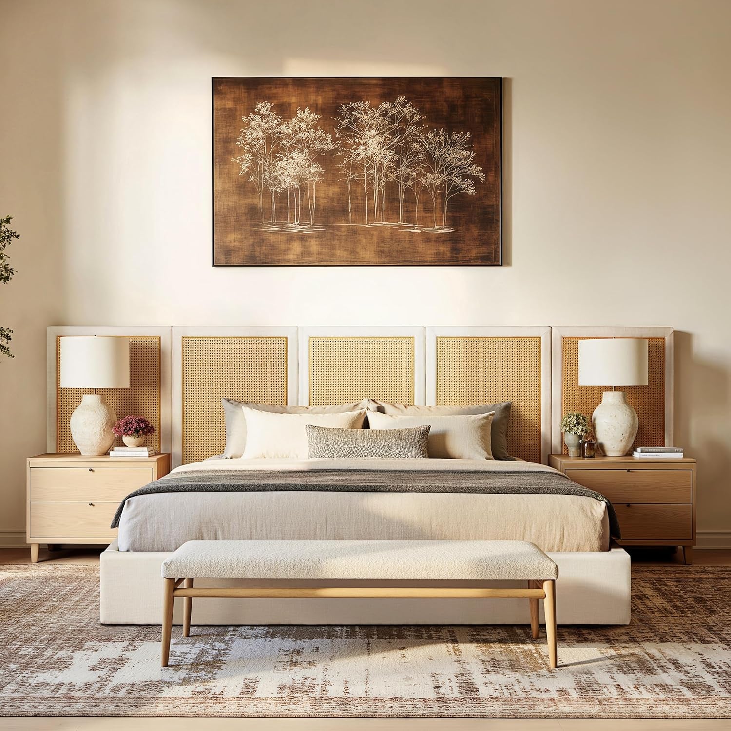 New Upholstered Bed Frame - Rattan Bedframe with Extended Cane Headboard 