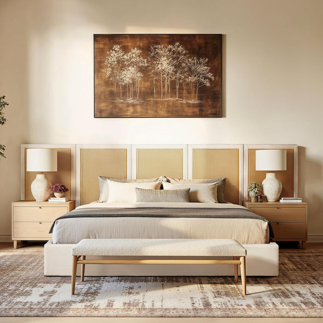 New Upholstered Bed Frame - Rattan Bedframe with Extended Cane Headboard 