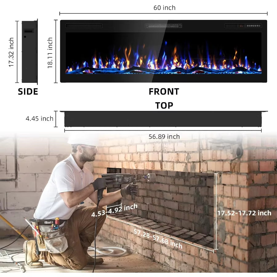 Modern 60' Electric Fireplace Wall Mounted HD Flame Effect