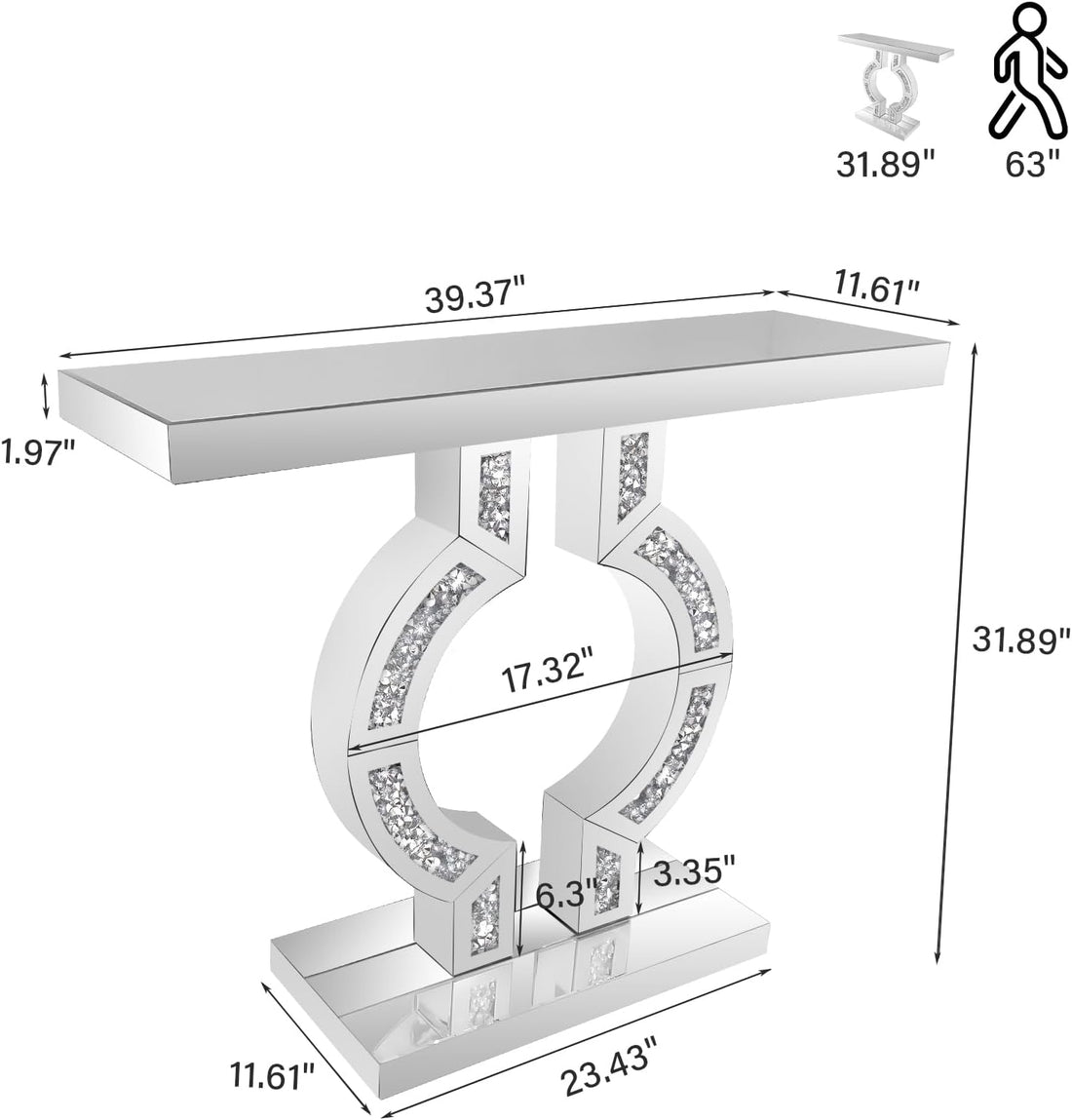 Luxury Silver Mirrored Table with Crushed Diamond Inlay, Home Living Room
