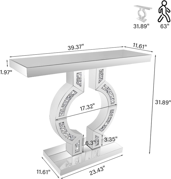 Luxury Silver Mirrored Table with Crushed Diamond Inlay, Home Living Room