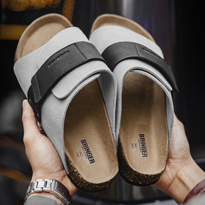 New Casual Color-Block Mules Men'S Summer Cork Sole Slide-On Sandals with Hook and Loop Closure Breathable Outdoor Shoes