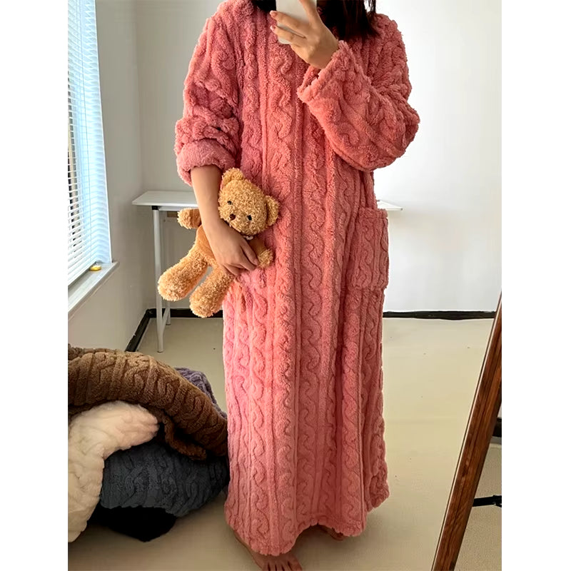 New Arrival Women Winter Thicken Night Dress Soft Coral Velvet Long Sleeve Nightgowns Solid Sleepwear Homewear