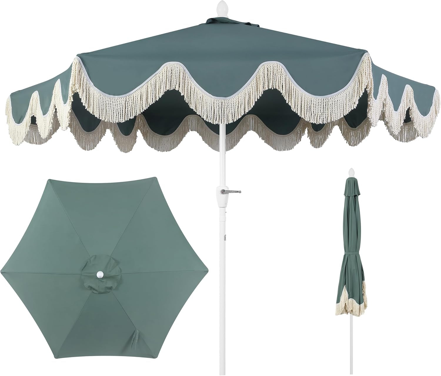 UMB1001 Collins 9 Ft. Classic Cottage Tassel Market Patio Umbrella with Auto-Tilt, Crank, Wind Vent and UV Protection