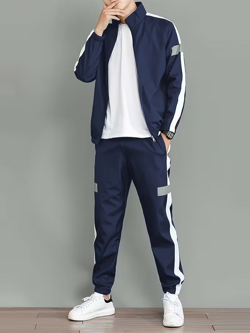 Men’s 2-Piece Reflective Stripe Tracksuit – Zip-Up Stand Collar Jacket & Jogger Pants
