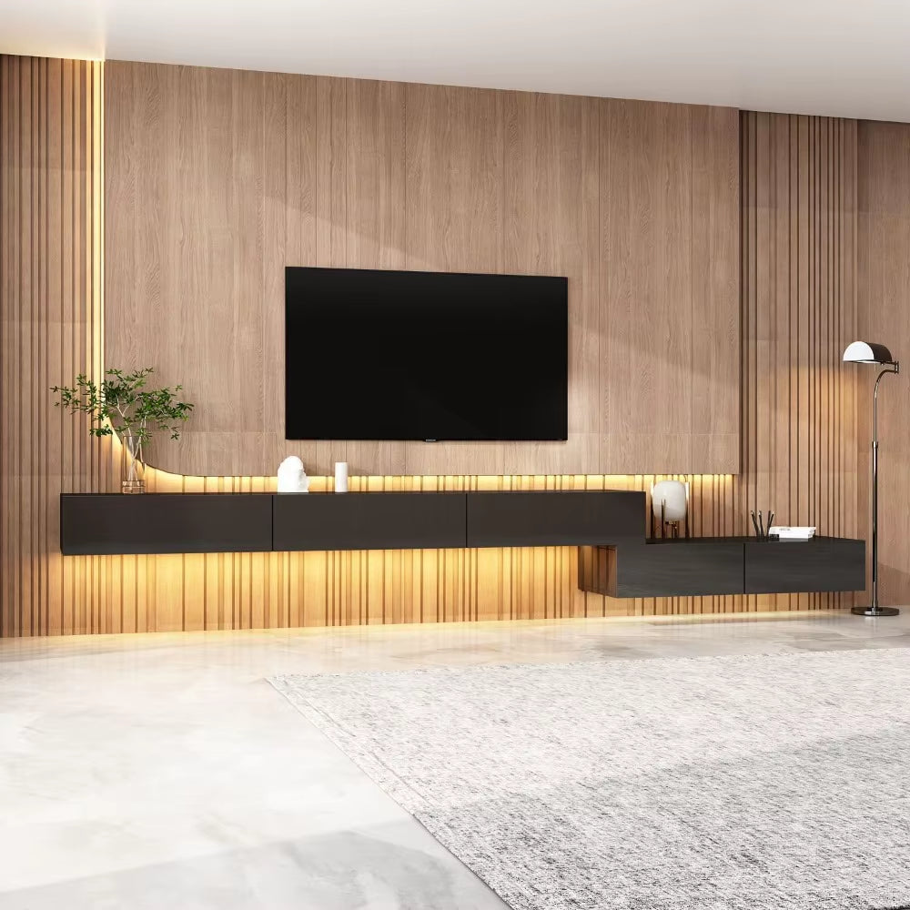 Modern Wall-Mounted TV Stand with Glossy Drawers and Lighting