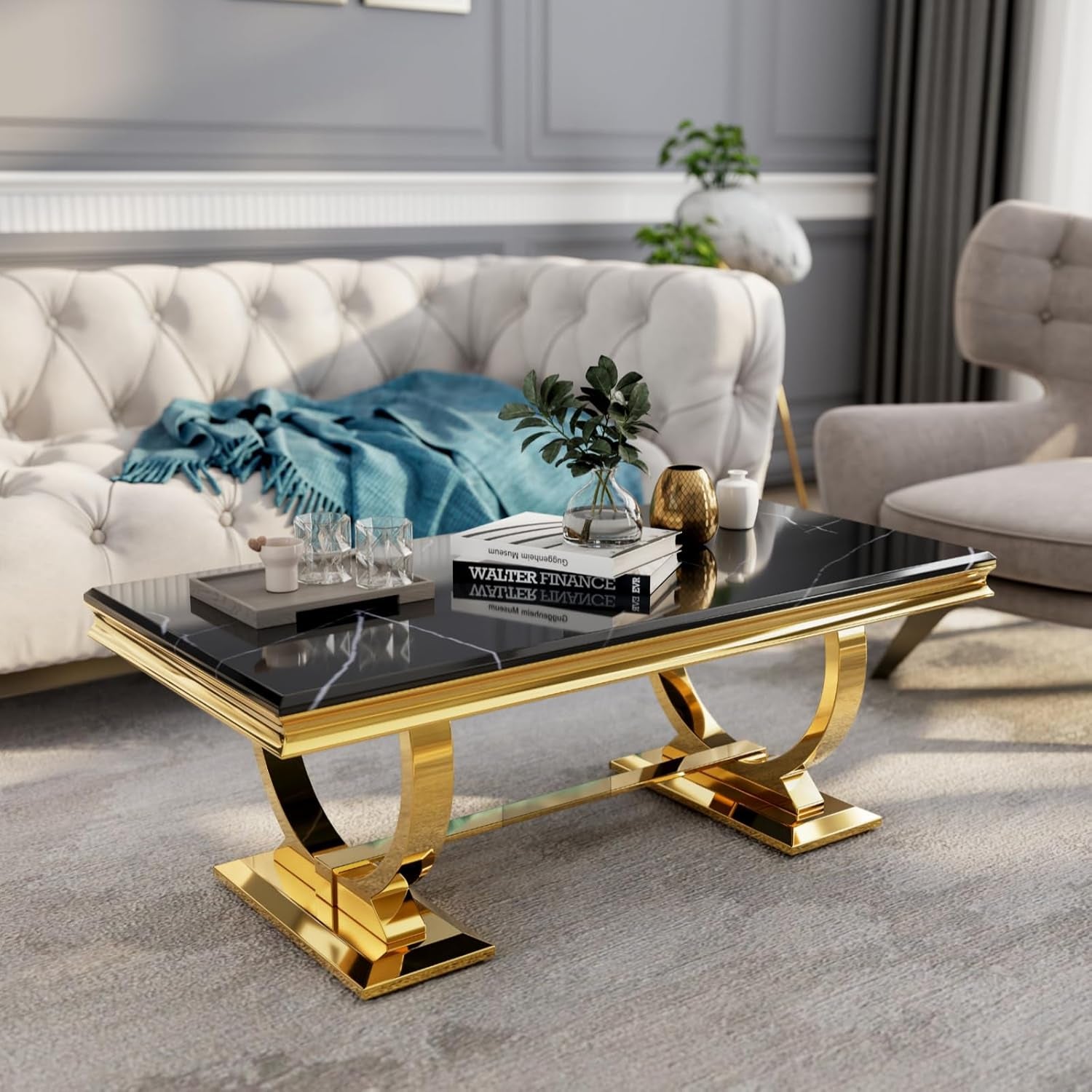 Luxury 48 Inch Gold Coffee Table U Base Designed Interior