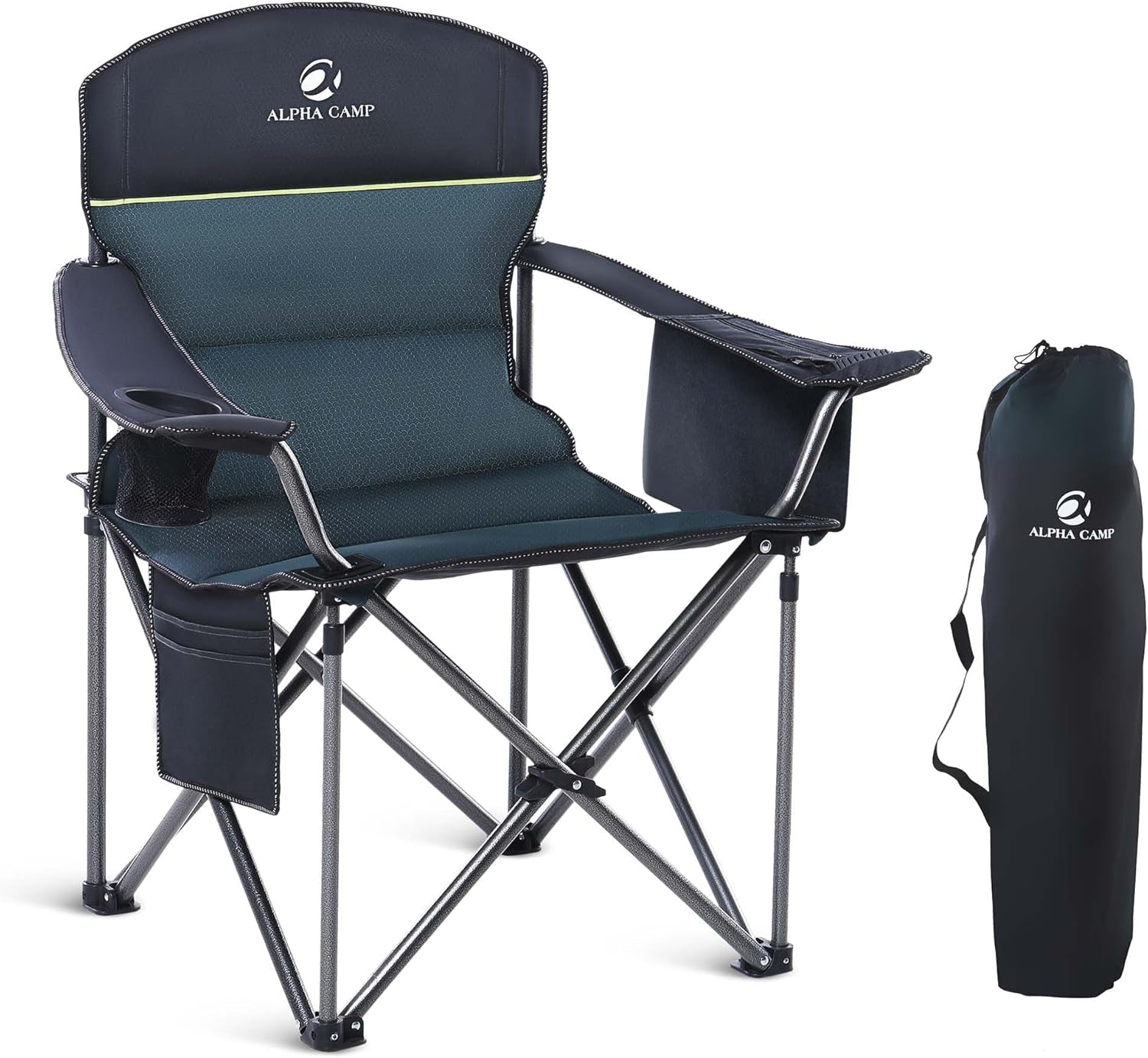 Folding Camping Chair Oversized Heavy Duty Padded Outdoor Chair with Cup Holder Storage and Cooler Bag, 450 LBS Weight Capacity, Thicken 600D Oxford,2 Pack