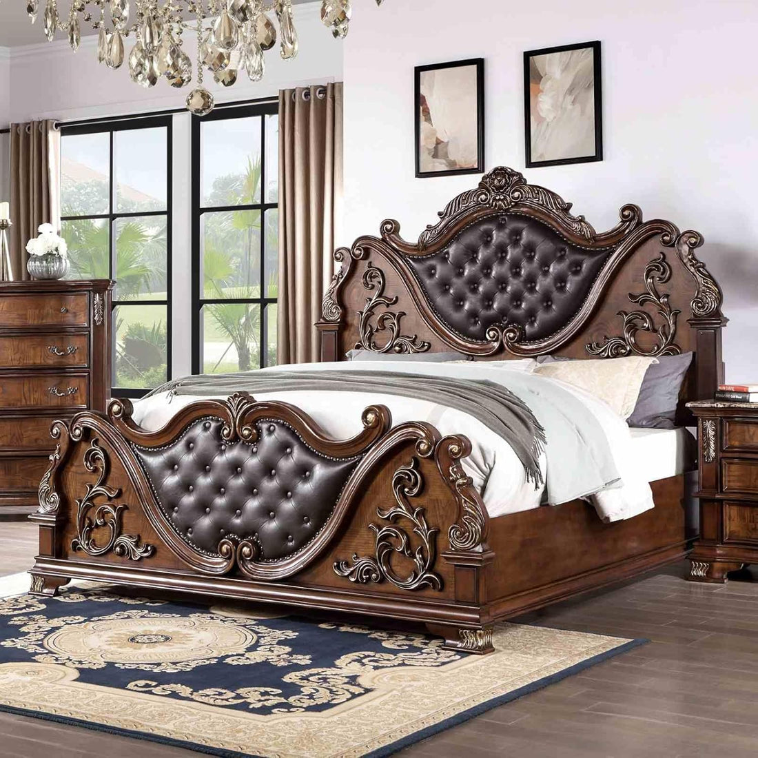 Vintage Traditional Wooden Luxury Bed Frame with Leather Button Tufted 