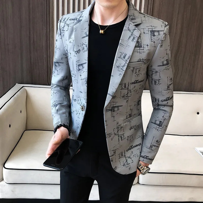 Men Blazer 2024 Spring Fashion High-Quality Men Korean Version of the Printed Slim Formal Wedding Party Prom Suit Jacket