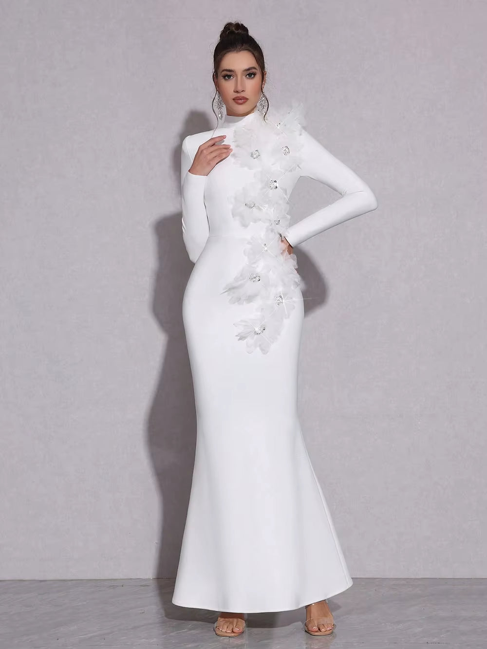 New Women Bandage Dress with Splicing Flowers Maxi Dress Gown