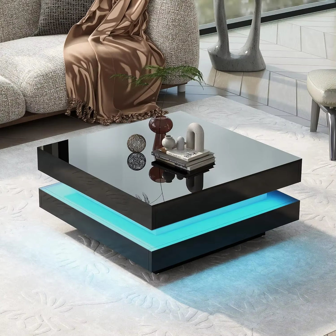 Modern Home LED Coffee Table for Living Room, High Gloss Coffee Table with Plug-In Light Cocktail Table for Party Home