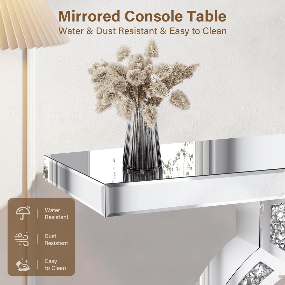 Luxury Silver Mirrored Table with Crushed Diamond Inlay, Home Living Room