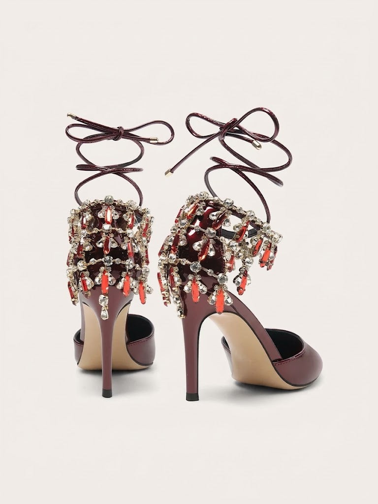 Women’s Lacquer Leather High Heel Sandals with Rhinestone Tassels