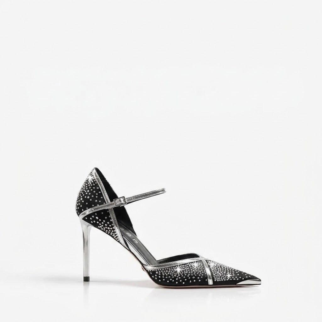 Women's Pointed-Toe Crystal Mesh Leather Stiletto Heel Sandals