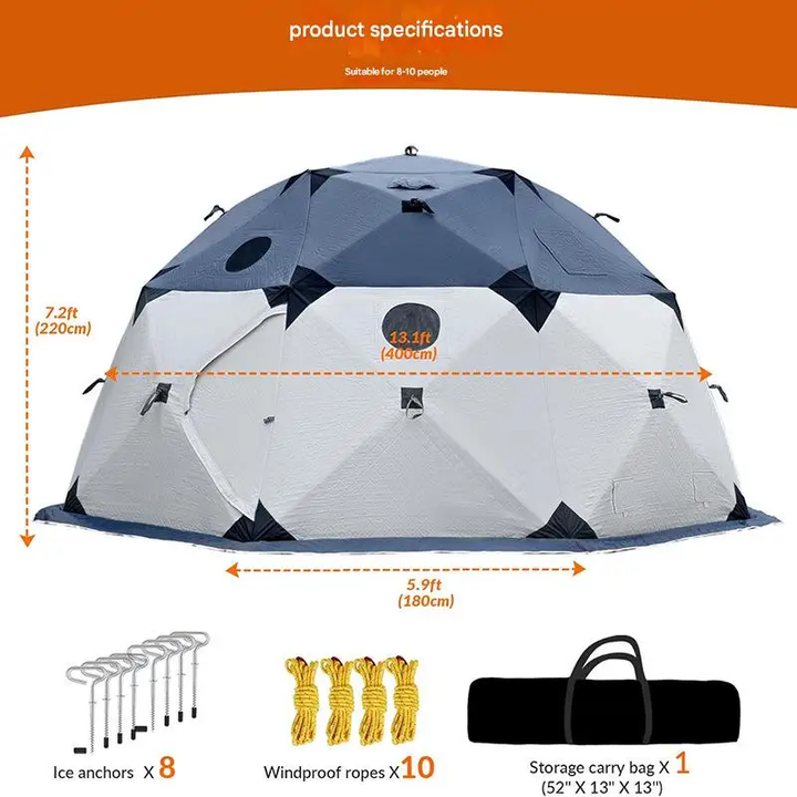 Geodesic dome tent with product specifications on an orange and white background