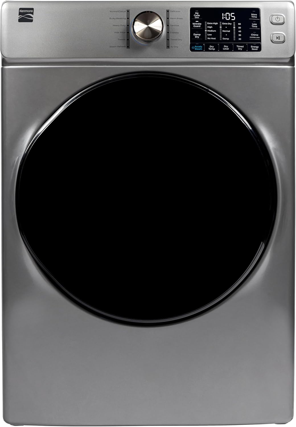 Stainless steel dryer with digital control panel on a white background