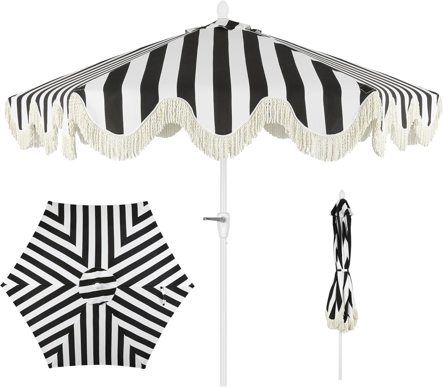 UMB1001 Collins 9 Ft. Classic Cottage Tassel Market Patio Umbrella with Auto-Tilt, Crank, Wind Vent and UV Protection