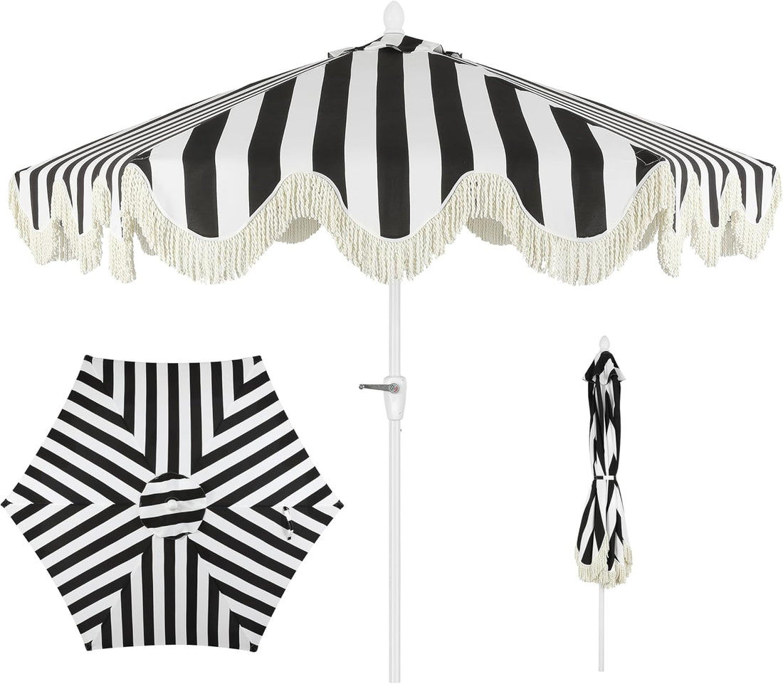 UMB1001 Collins 9 Ft. Classic Cottage Tassel Market Patio Umbrella with Auto-Tilt, Crank, Wind Vent and UV Protection