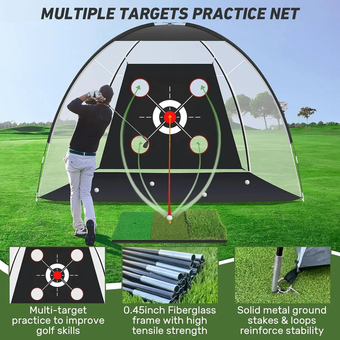 Modern Portable Golf Hitting Net Training Mat 10X7Ft with Target and Balls
