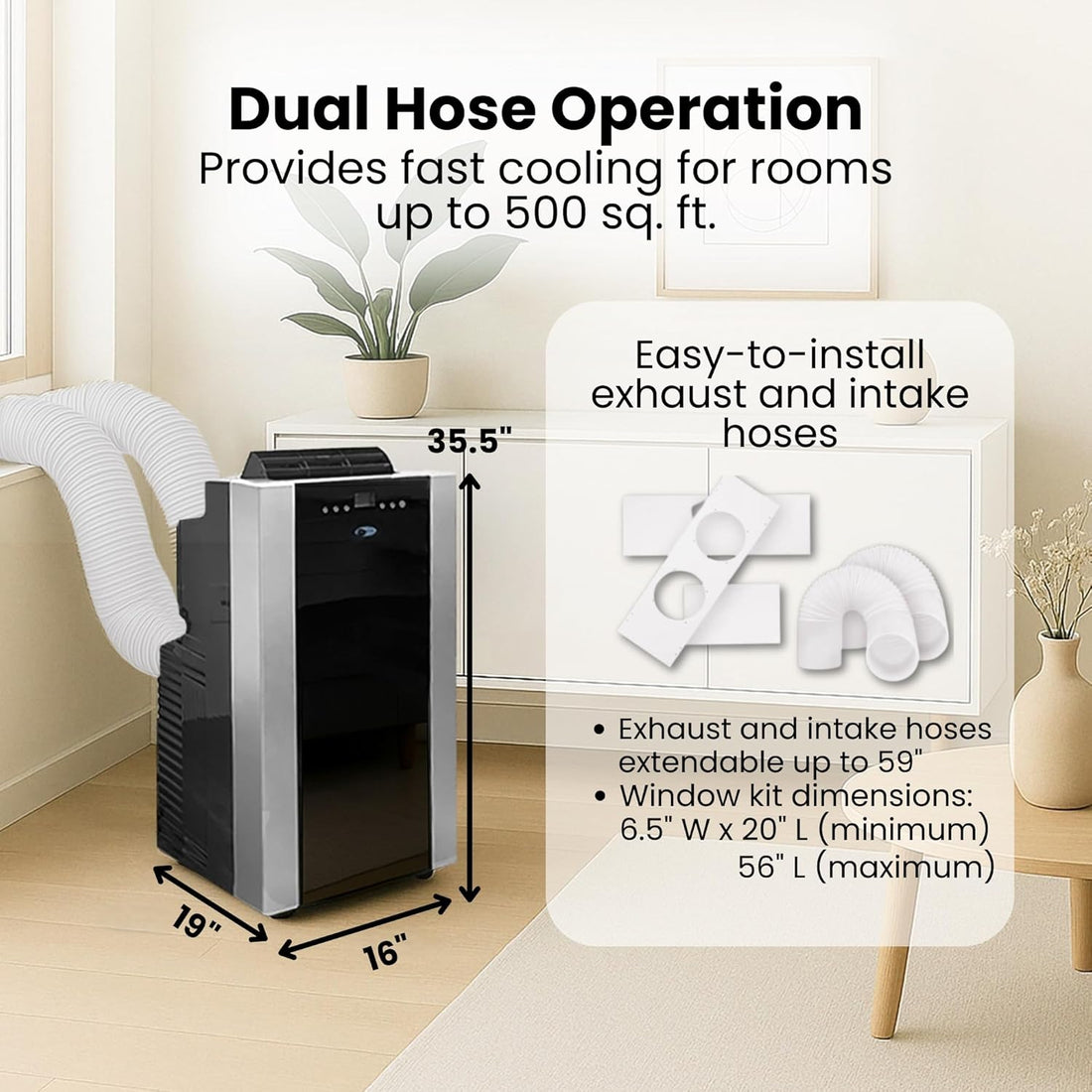 Portable air conditioner with dimensions and features highlighted in a room setting.
