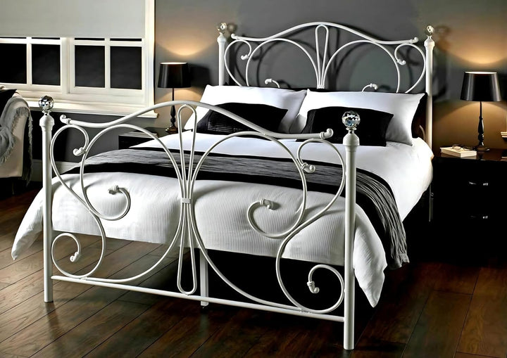 – 4Ft6 Double Metal Bed Frame with Luxurious Crystal Finials – Easy Assembly - Solid Double Metal Bed Frames with Sprung Slats – Additional Metal Support Legs