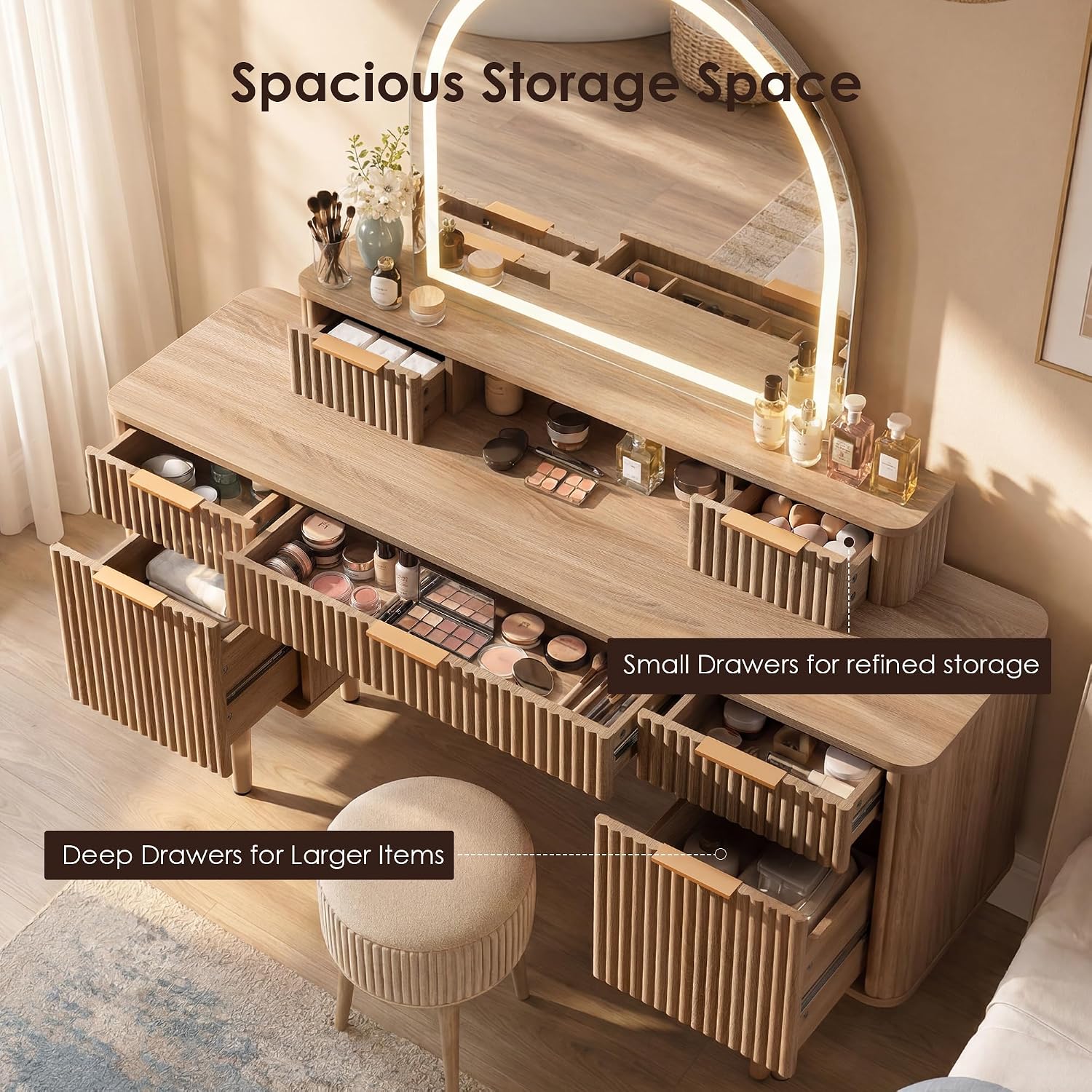 New Fluted Vanity with Arched Mirror – 55.7" Makeup Vanity Table with 7 Drawers & Adjustable LED Lights