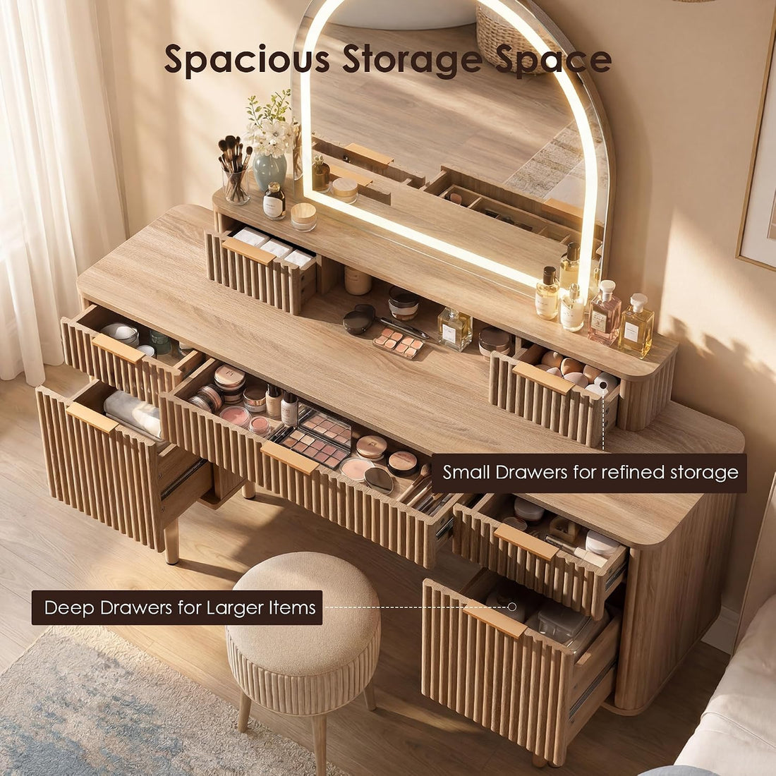 New Fluted Vanity with Arched Mirror – 55.7" Makeup Vanity Table with 7 Drawers & Adjustable LED Lights