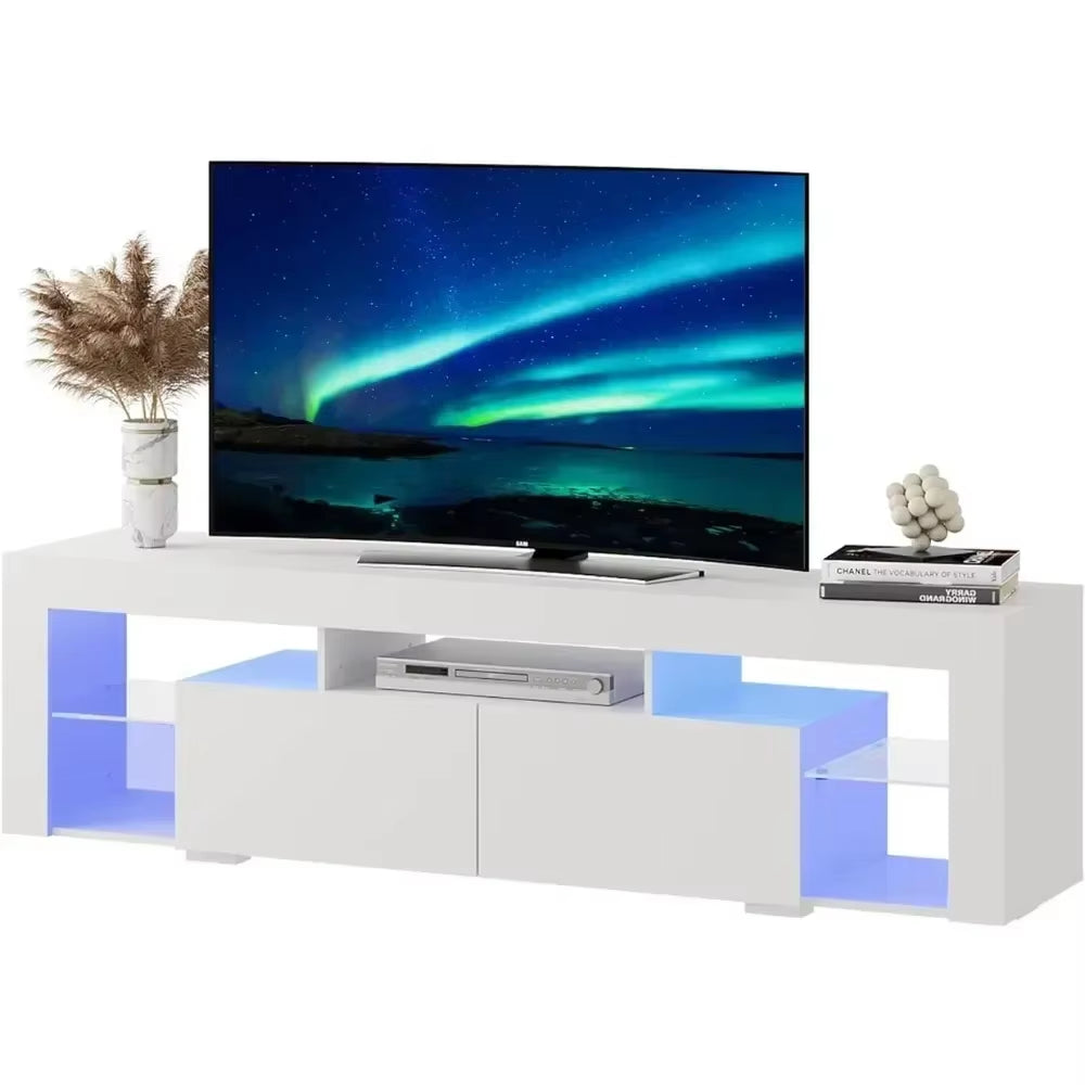 LED TV Stand, Modern Entertainment Center with Open Shelves, with 2 Bedroom Storage Drawers, Wooden TV Cabinet