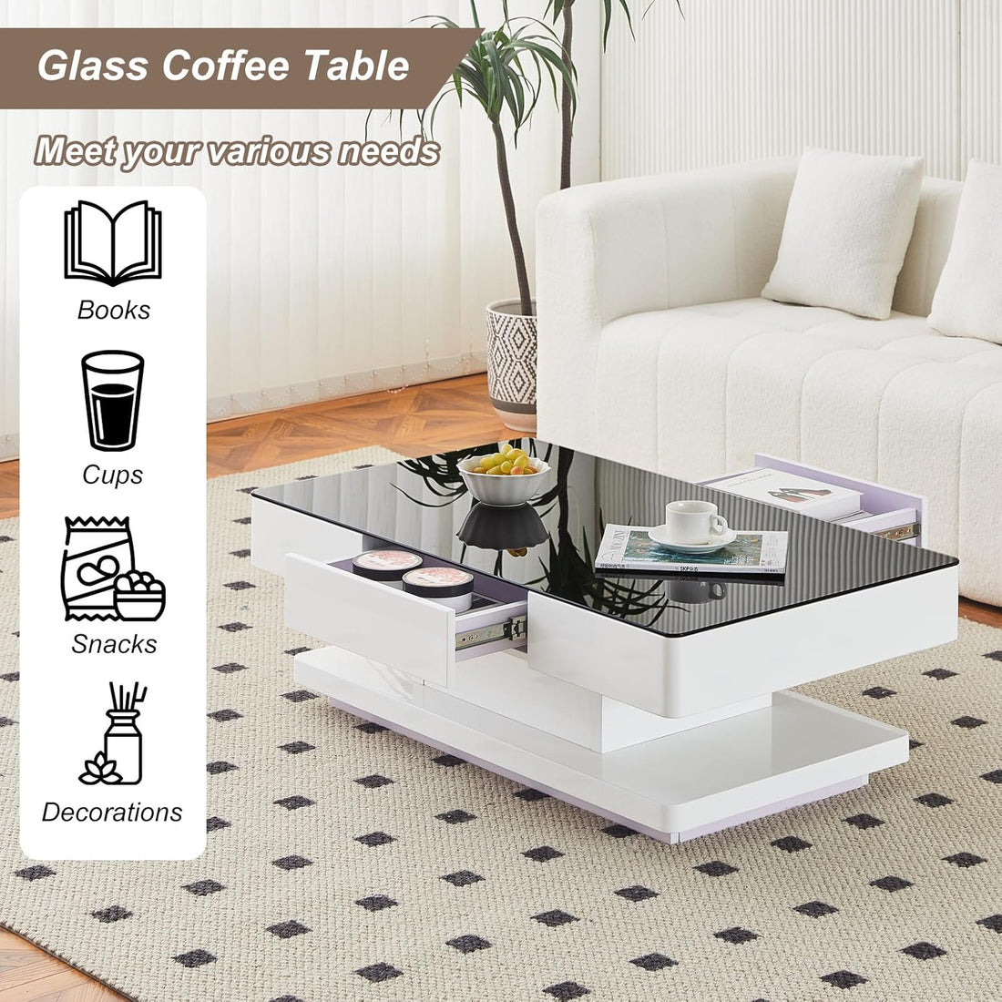 Modern Luxury 2 Drawers Coffee Table for Living Room High Gloss Coffee Table with Black Glass Top Wood Storage Cabinet Table for Living Room Home Office, Black