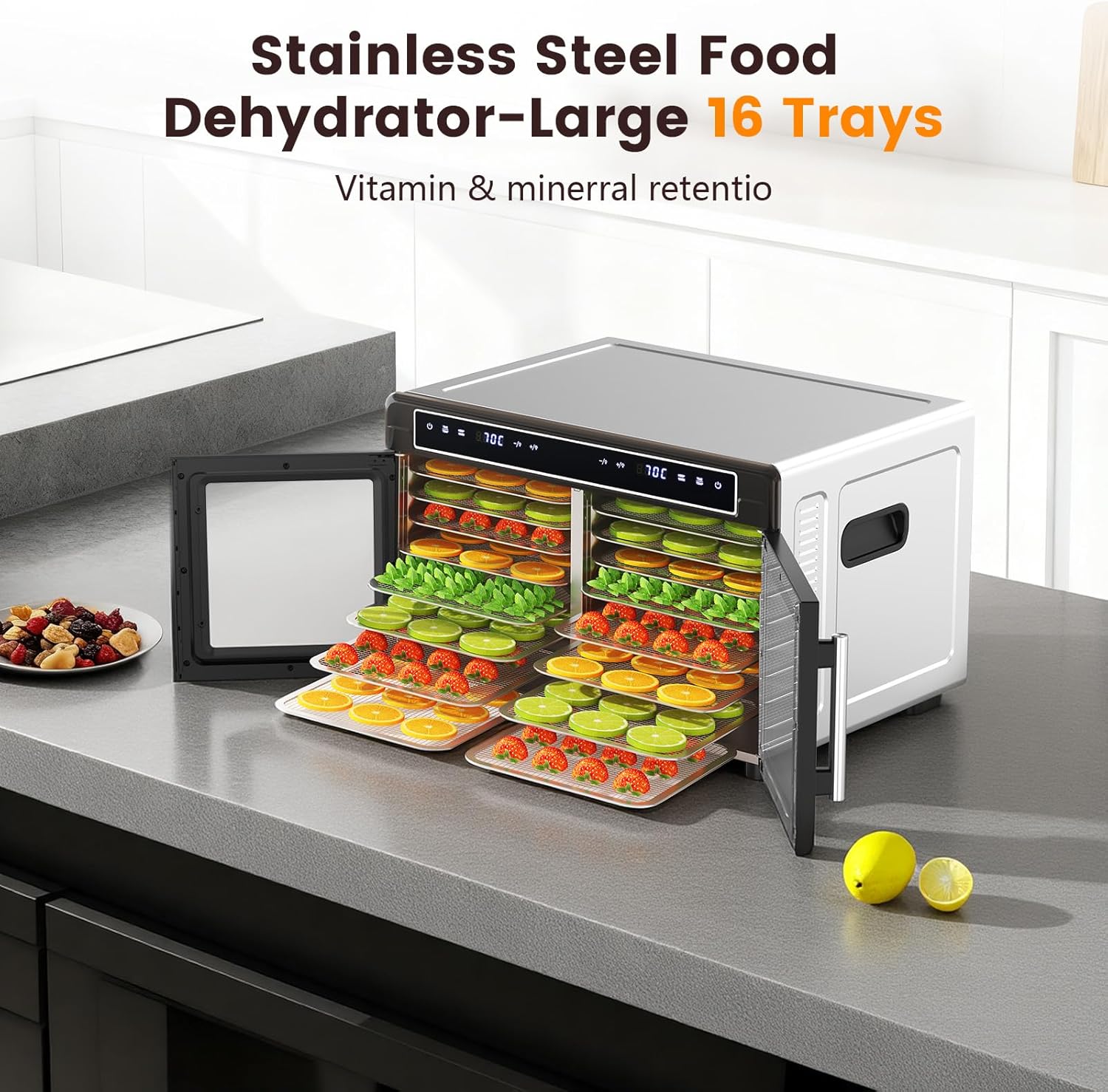 Modern Food Dehydrator with Dual Chamber Design – 16 Stainless Steel Tray Meat Dehydrator