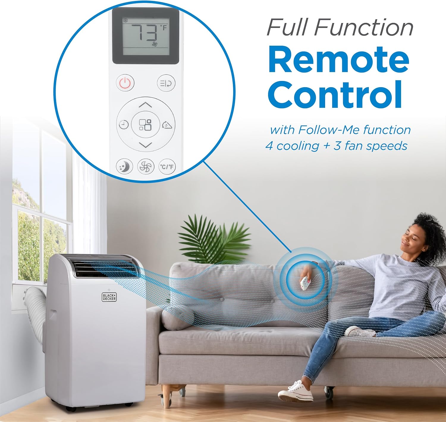 Air conditioner with remote control in a living room setting