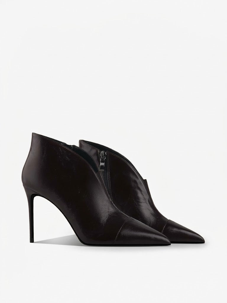 Women's Black Leather Pointed-Toe Stiletto Ankle Boots