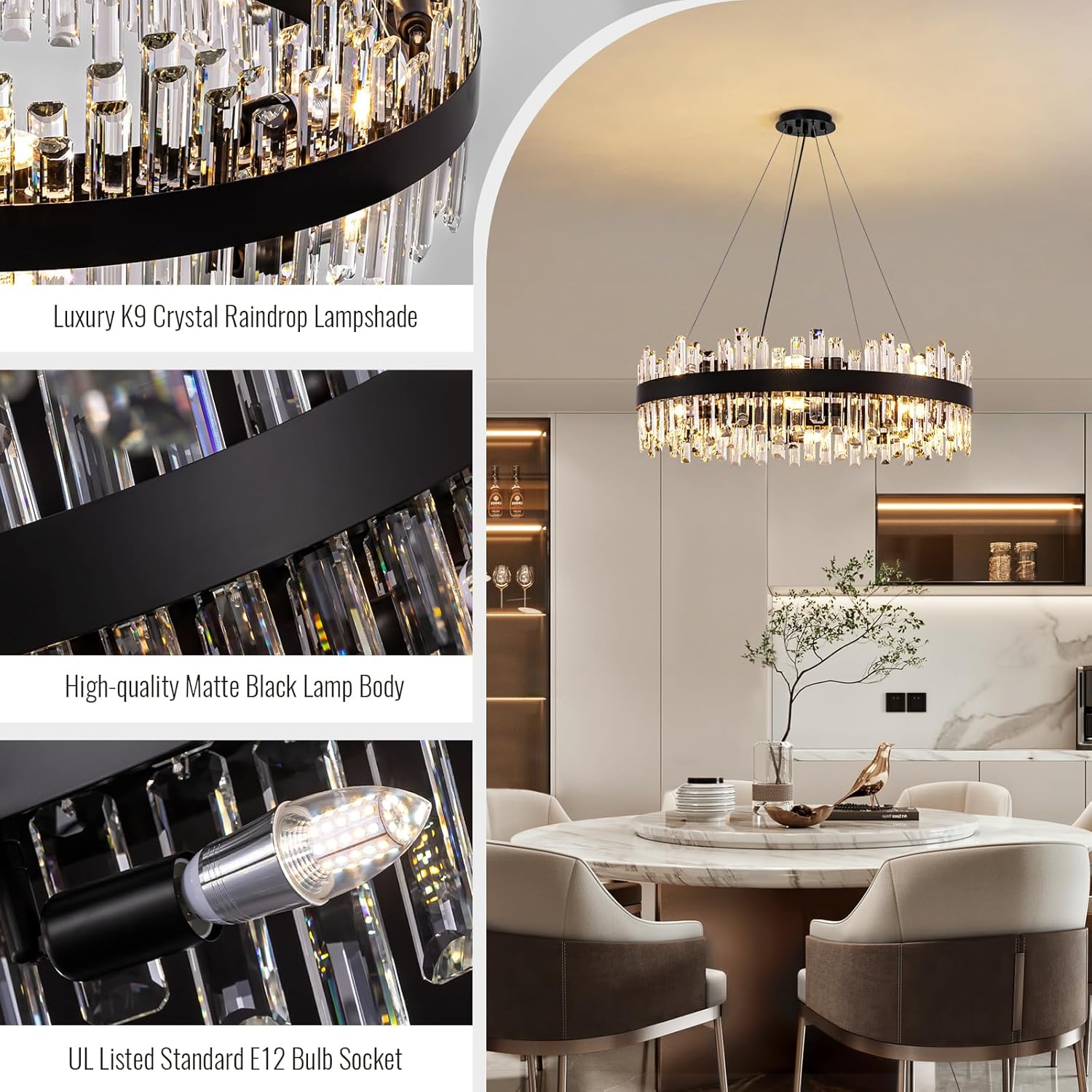 Modern Crystal Chandelier – 16-Light Farmhouse Black Round Raindrop Chandelier