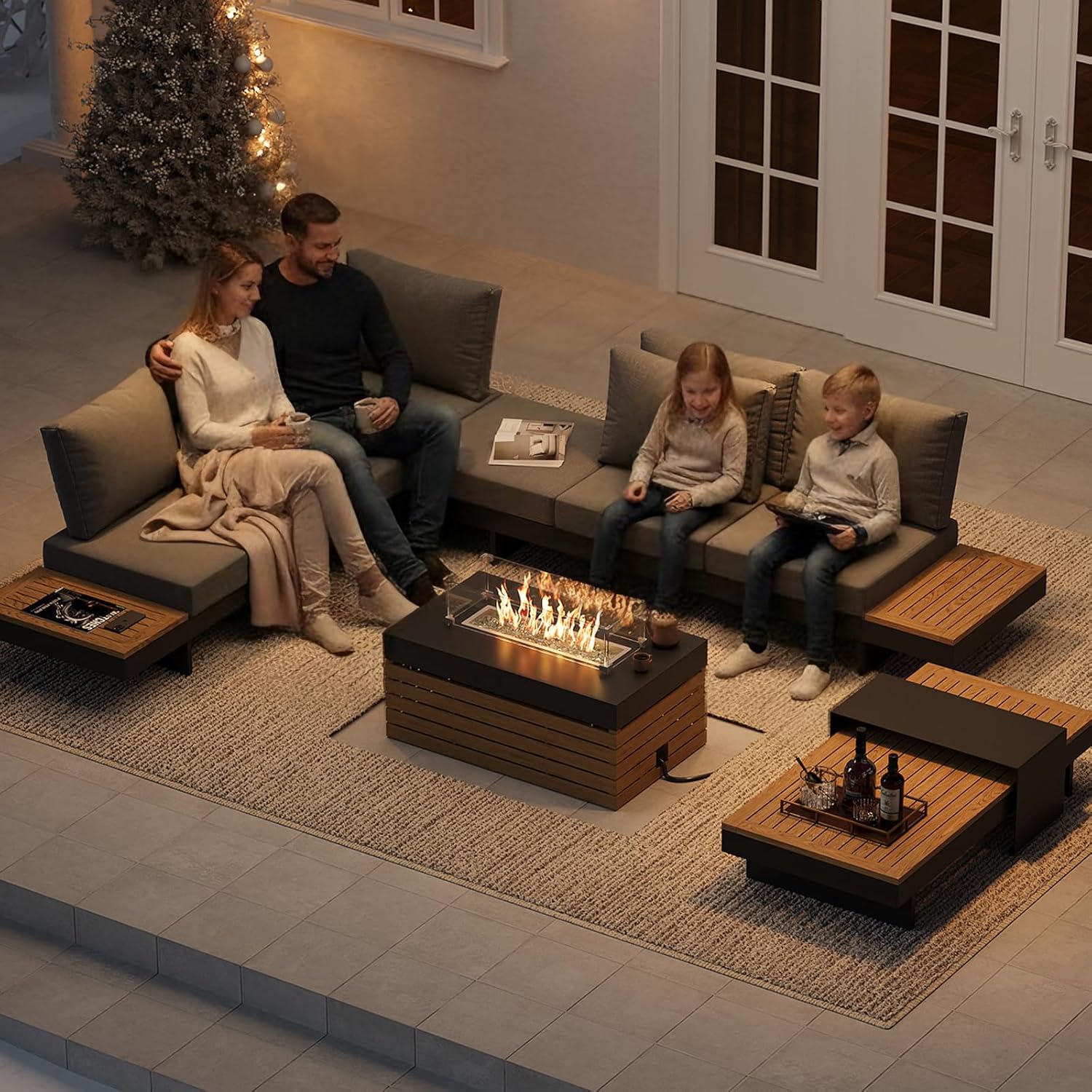 Modular Outdoor Conversation Set with Fire Pit – Aluminum & Teak Patio Sofa Set
