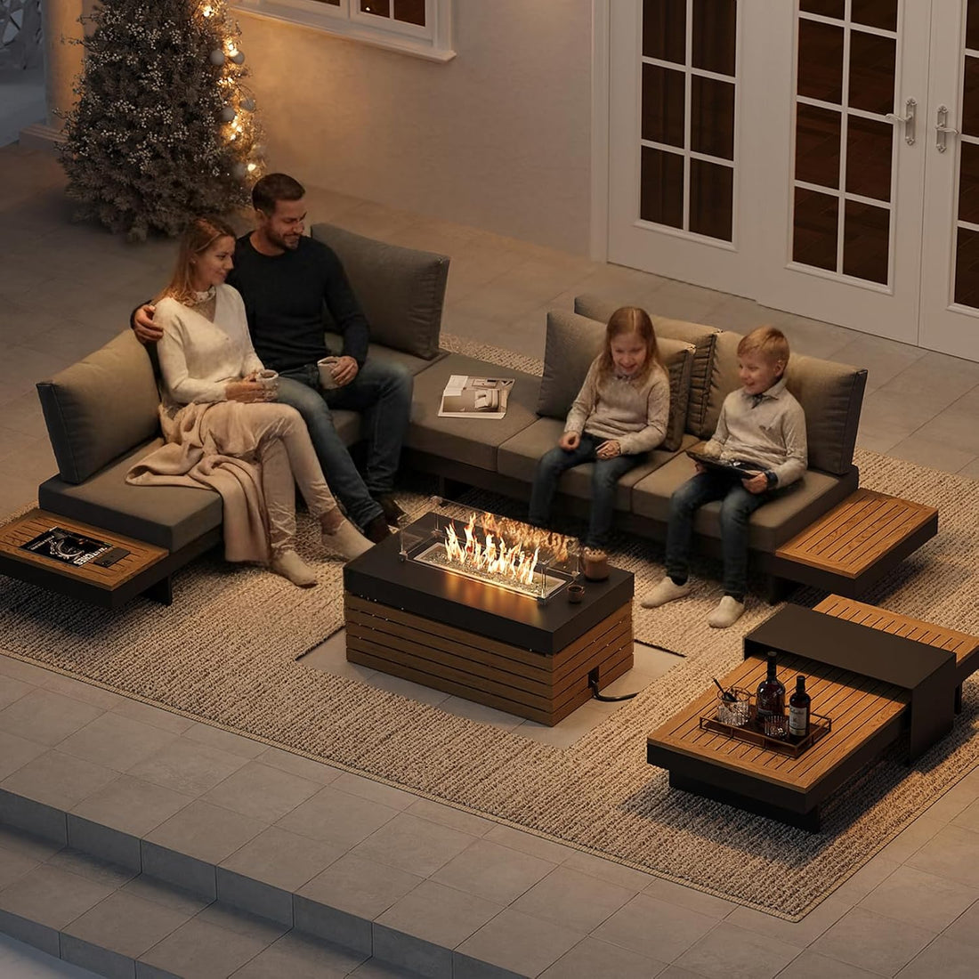 Modular Outdoor Conversation Set with Fire Pit – Aluminum & Teak Patio Sofa Set