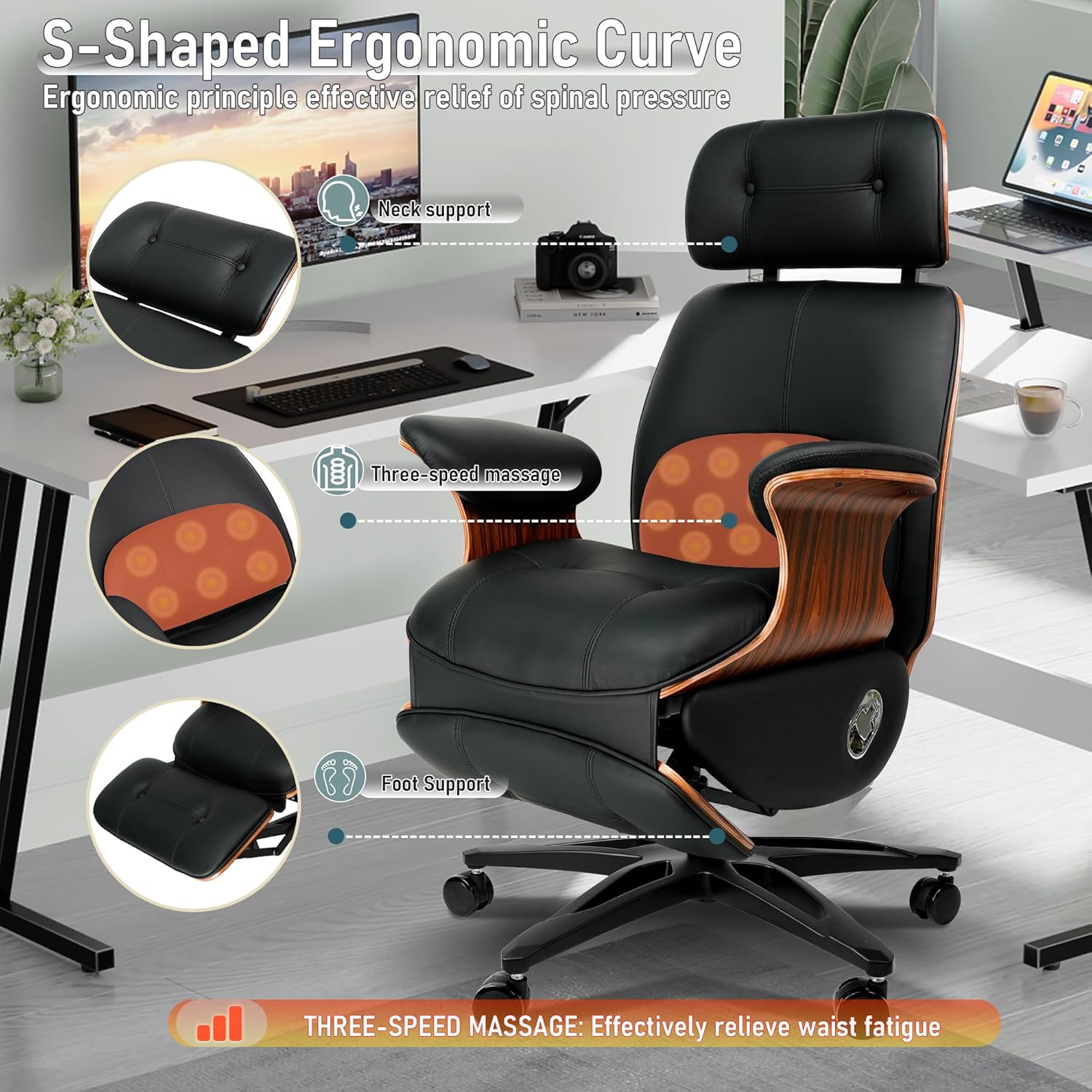 Premium Multi-Function Genuine Leather Executive Office Chair with Electric Reclining, Massage