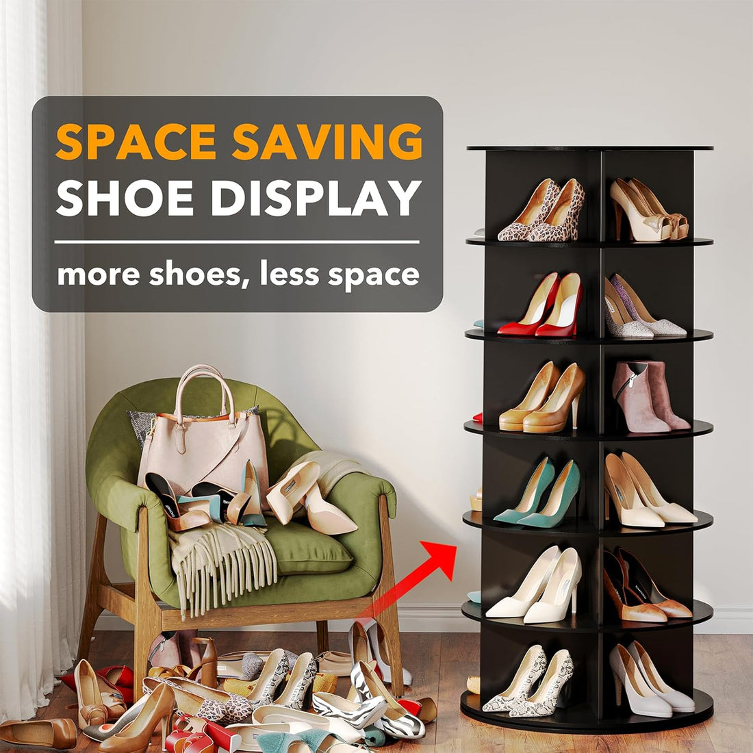 Premium Black  Designed 6-Tier Spinning Shoe Bag Organizer