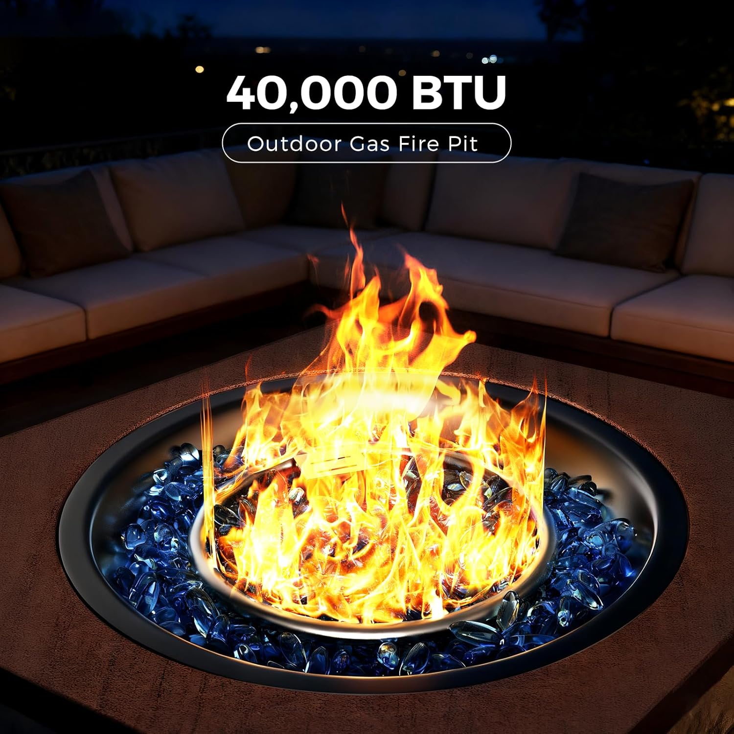 Outdoor gas fire pit with flames and '40,000 BTU' label in a patio setting.
