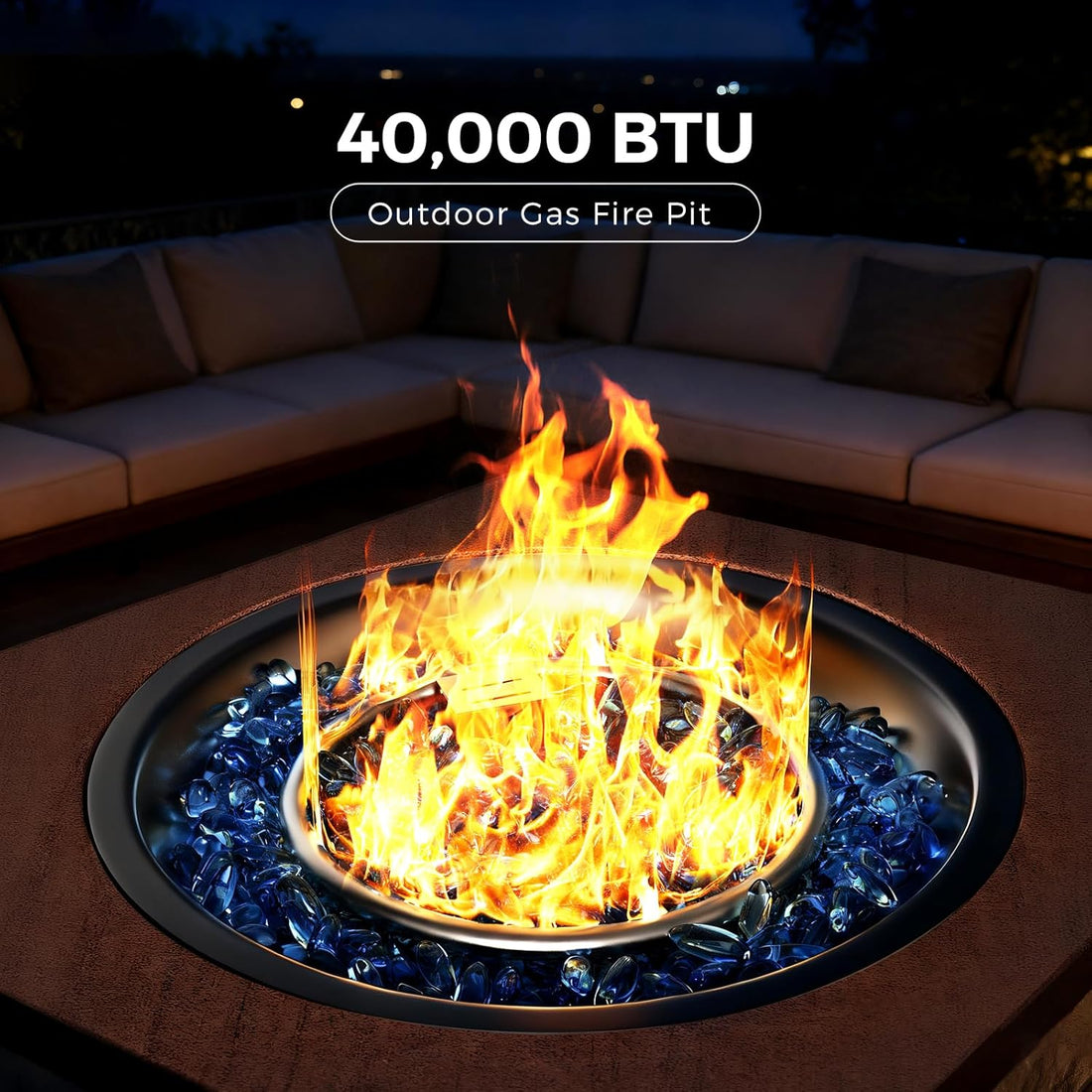 Outdoor gas fire pit with flames and '40,000 BTU' label in a patio setting.