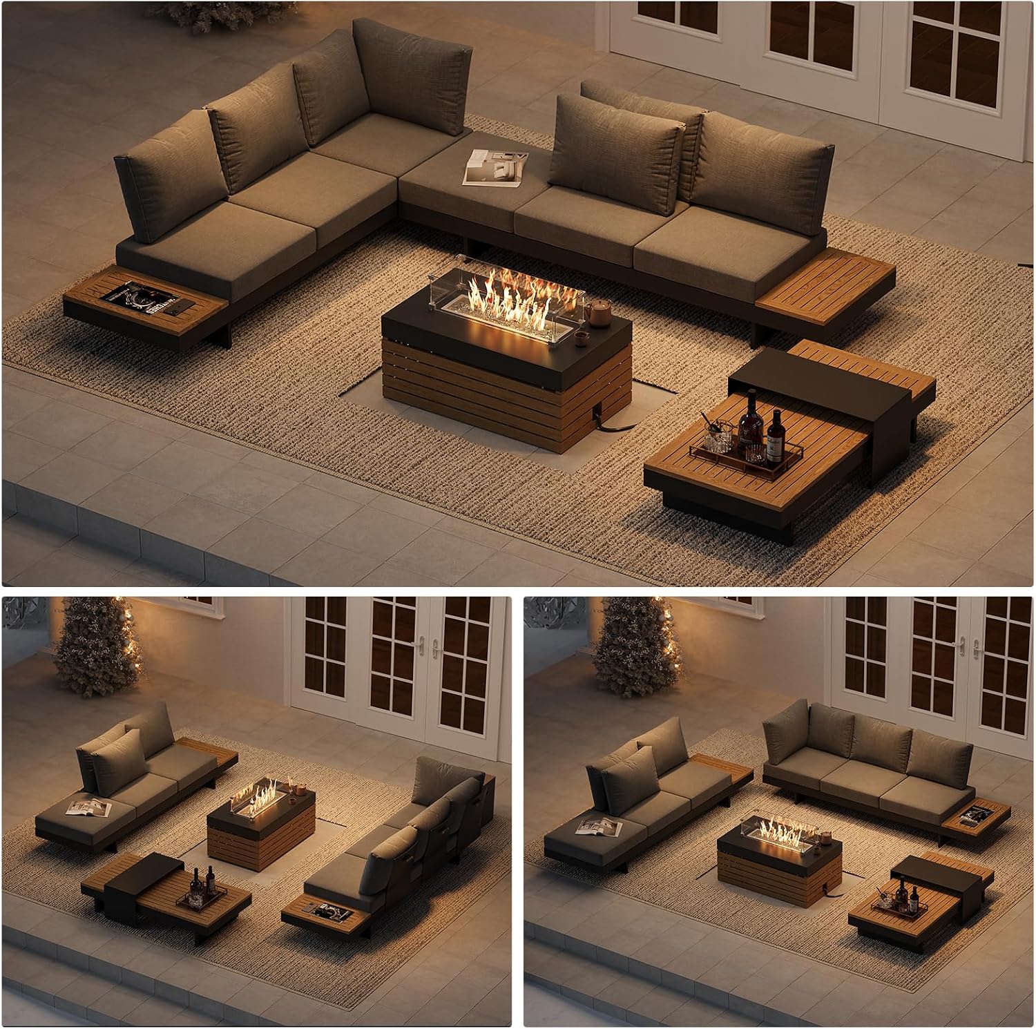 Modular Outdoor Conversation Set with Fire Pit – Aluminum & Teak Patio Sofa Set